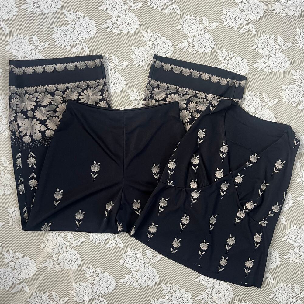 Vintage Y2K Black Silver Floral Matching Top & Flare Pants Set XS/S
